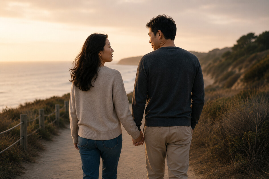 Asian couple walking together during healing and rebuilding trust after infidelity