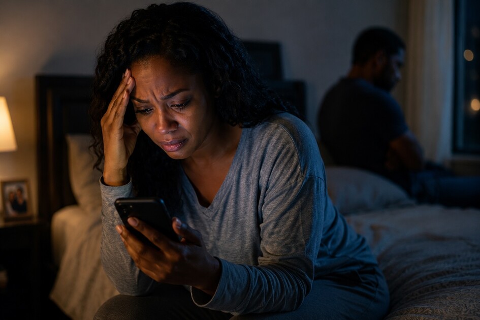 Black woman emotionally devastated after discovering possible infidelity while holding phone as distant spouse sits in background