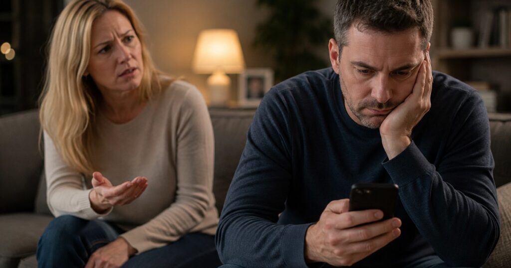 Emotionally distant husband distracted by phone while wife looks hurt and confused during affair fog
