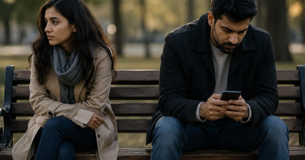 Emotionally distant couple sitting apart on a park bench while husband secretly texts during emotional affair