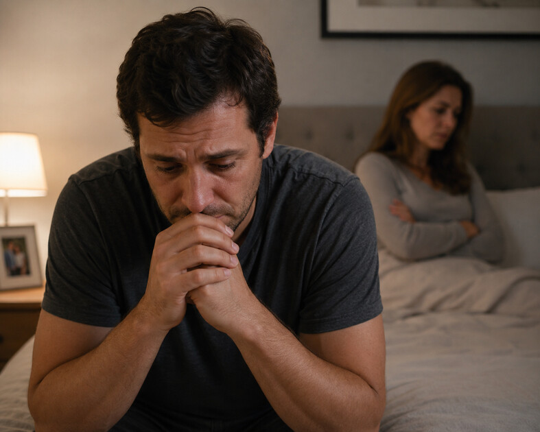 Man struggling with guilt and shame after infidelity while spouse feels emotionally hurt