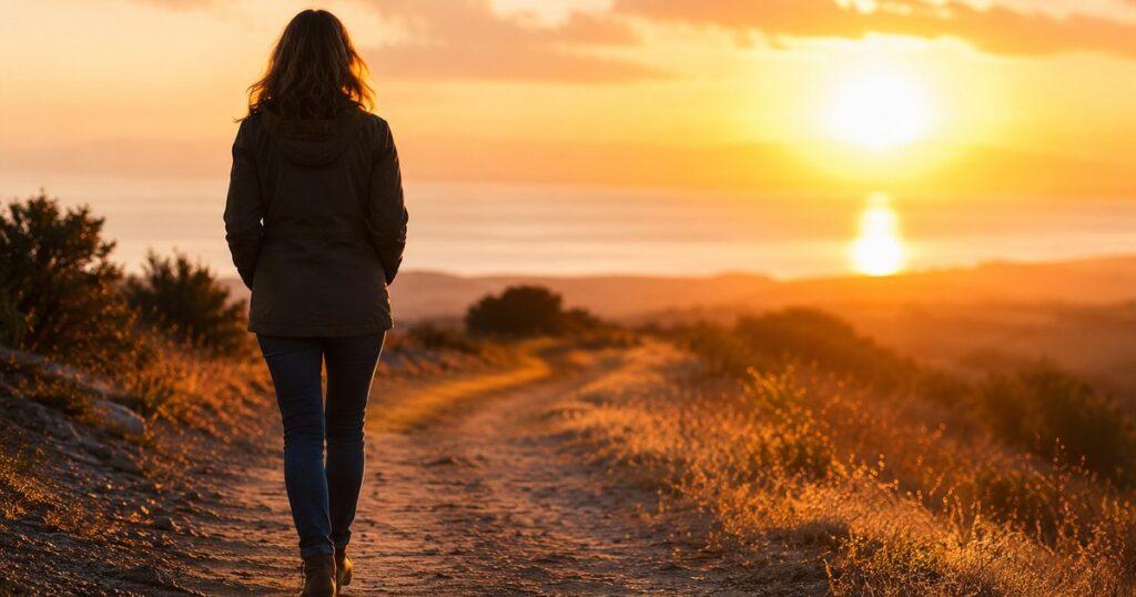 Woman walking alone at sunrise while emotionally healing after infidelity and betrayal