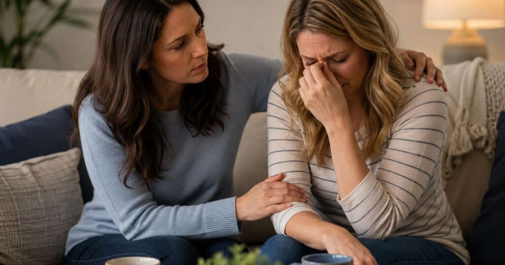 Woman comforting a grieving friend after discovering infidelity and betrayal trauma