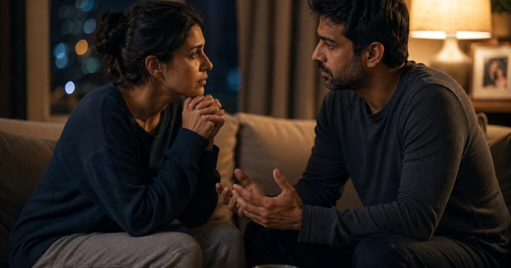 Couple having an honest emotional conversation about healing and disclosure after infidelity