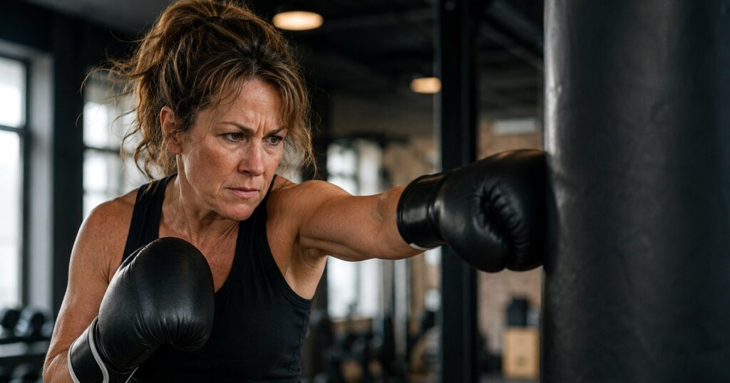 Woman boxing at gym while managing anger after betrayal and infidelity