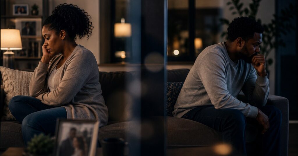 Emotionally disconnected married couple representing myths and realities of extramarital affairs and emotional infidelity