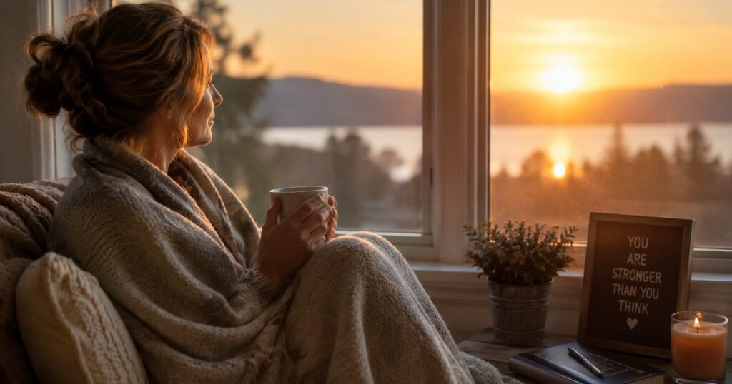 Woman wrapped in a blanket quietly healing emotionally after infidelity and betrayal