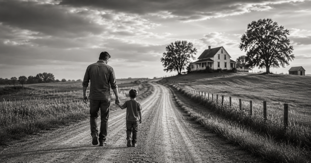 Father holding his young son's hand while walking down a country road toward home.