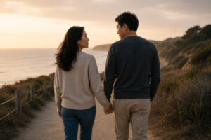 Asian couple walking together during healing and rebuilding trust after infidelity