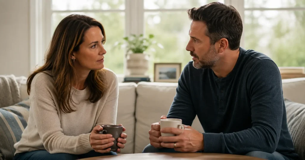 Husband and wife sitting together in a thoughtful conversation, representing the commitment and honest communication needed to heal a marriage after infidelity.