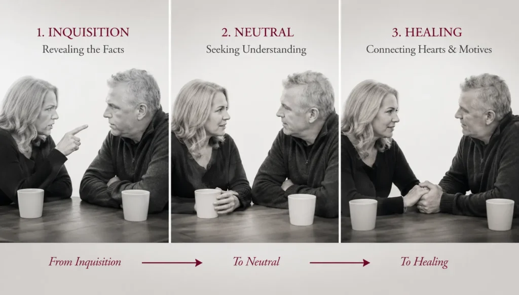 Three-panel illustration showing a husband and wife moving from angry conversations to understanding and healing after an affair.